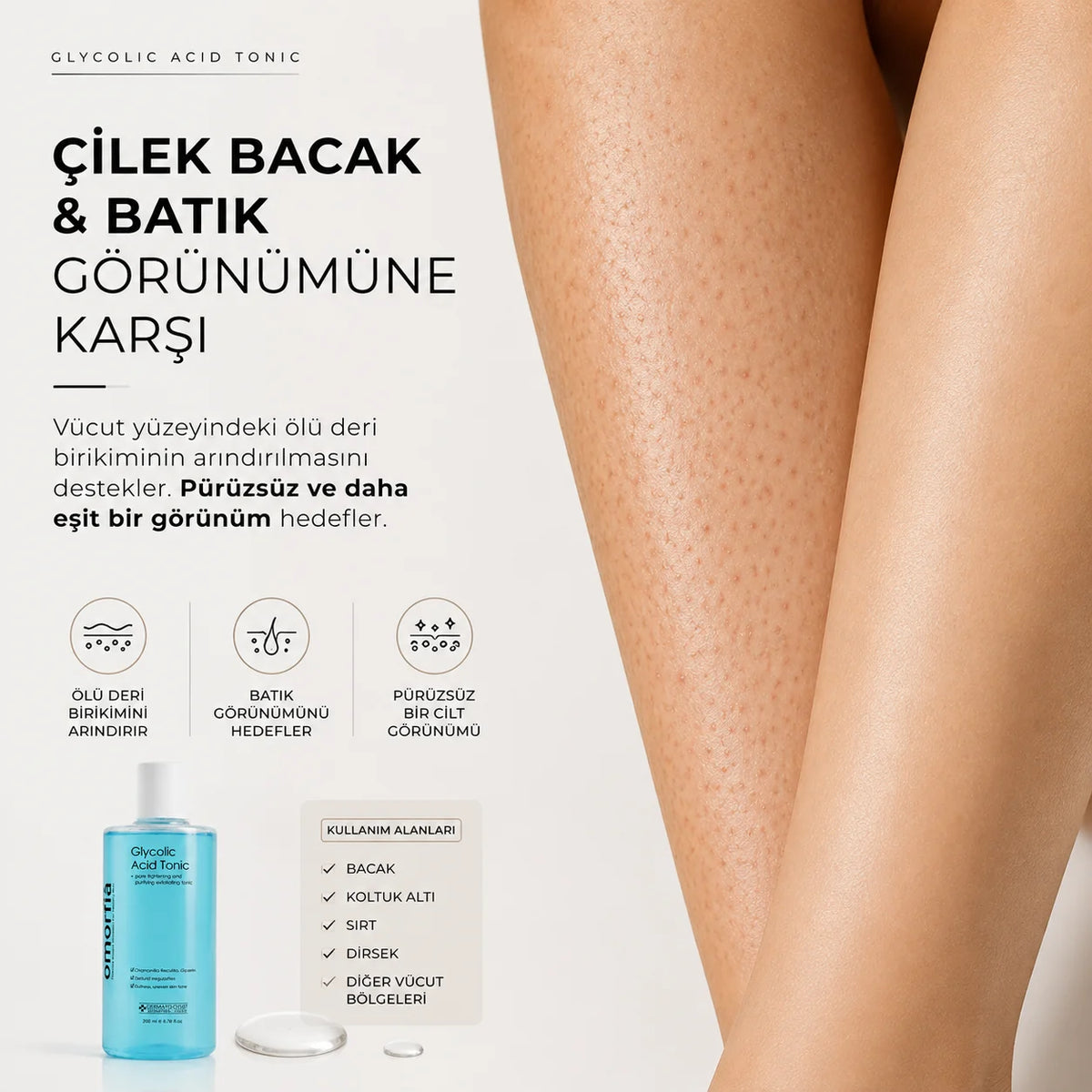 Bacaklarda çilek bacak ve batık görünümü için Glycolic Acid Tonic