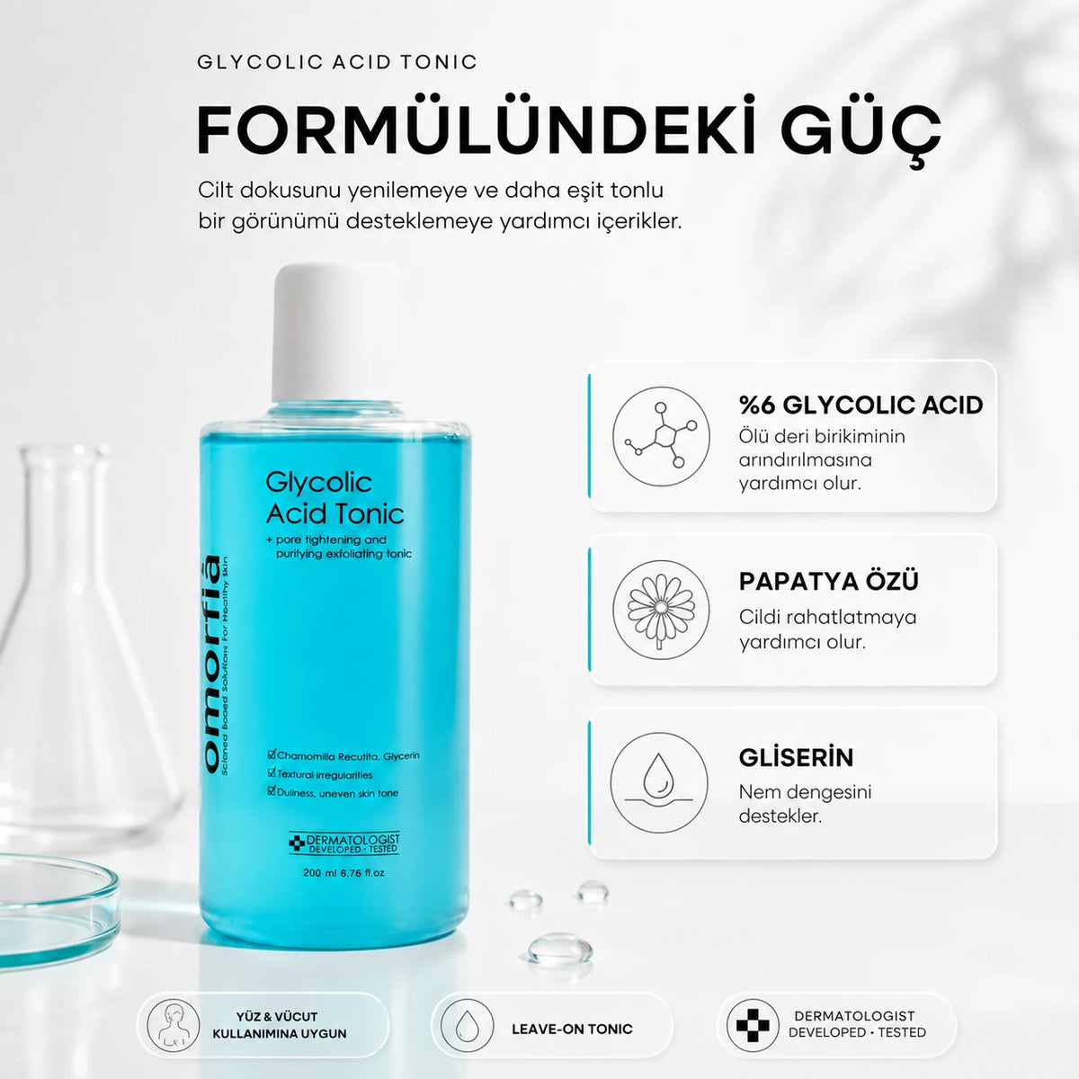 Glycolic Acid Tonic formülü: %6 glikolik asit, papatya özü ve gliserin