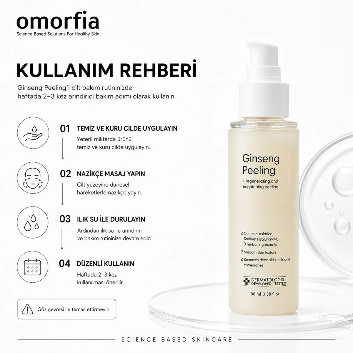 Ginseng Peeling kullanım rehberi: temiz ve kuru cilde uygula, masaj yap, durula