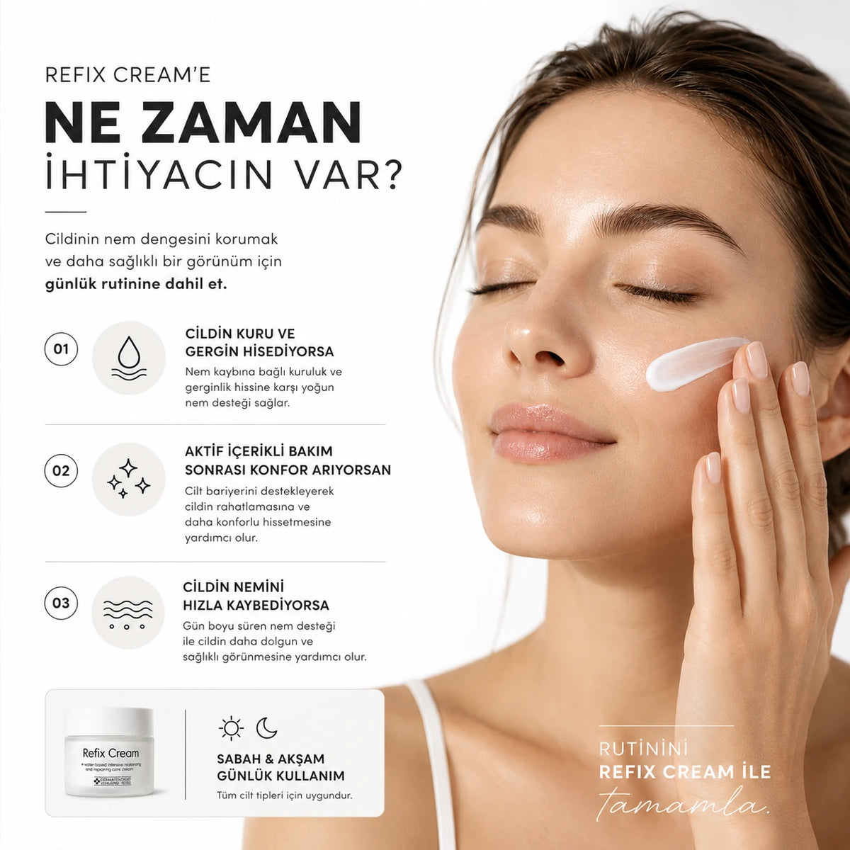 Yüzüne Refix Cream uygulayan kadın