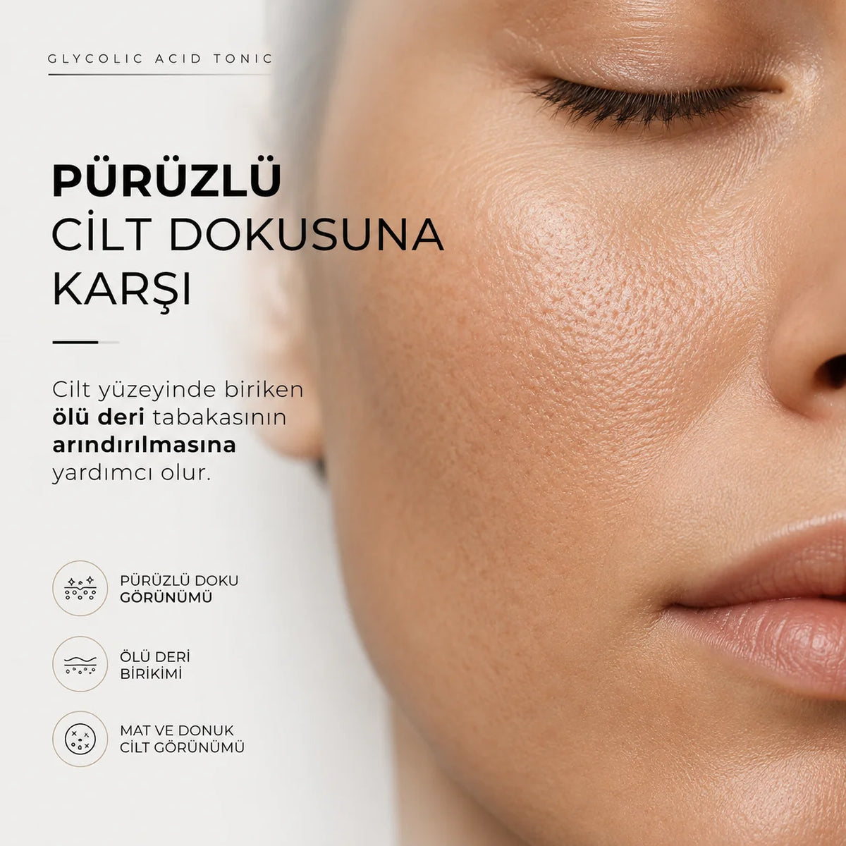 Pürüzlü cilt dokusunun yakın çekimi ve Glycolic Acid Tonic